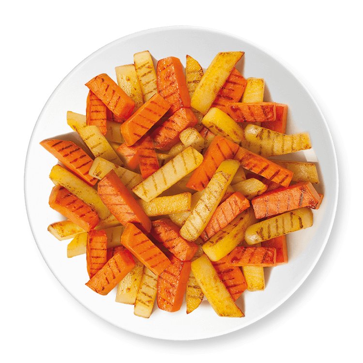Side dish of sweet potatoes and grilled potatoes, baked, not pre-fried - Photo